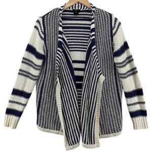 Ann Taylor Womens Blue White Stripe Chunky Knit Open Front Cardigan Sweater Sz M